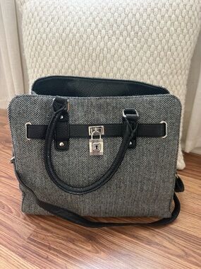 Herringbone Satchel Tote with Lock Accent - Black & Gray
